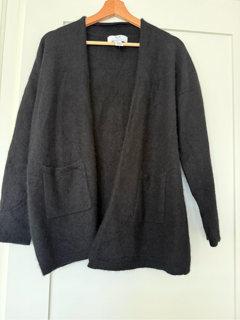 Magaschoni 100% Cashmere Black Open Front Pocket Cardigan Sweater XL